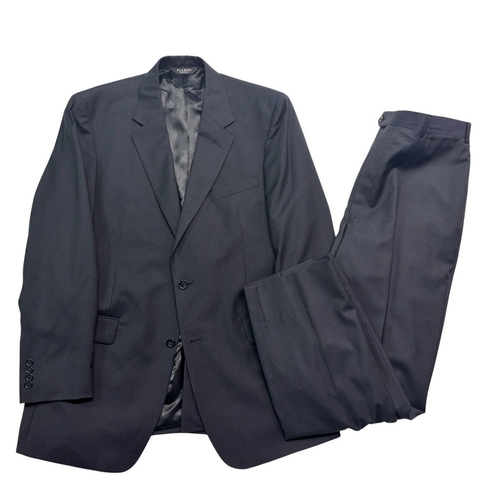 Jos‎ A Bank 44L 38x32 Navy Blue Pinstripe 2pc Pant Suit Wool Flat Front Classic